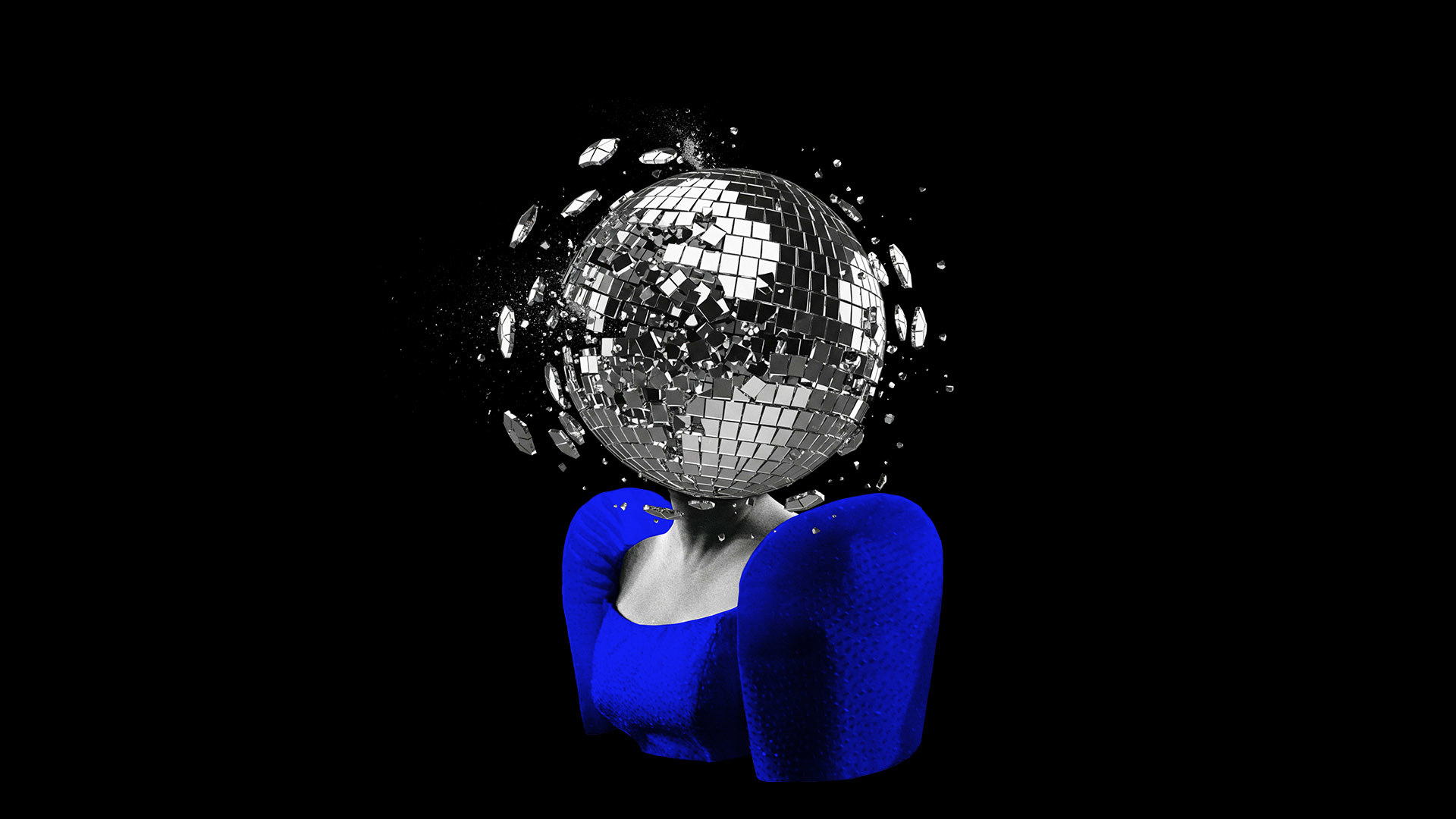 Here Lies Love, image of women with a shattering disco ball as a head. 