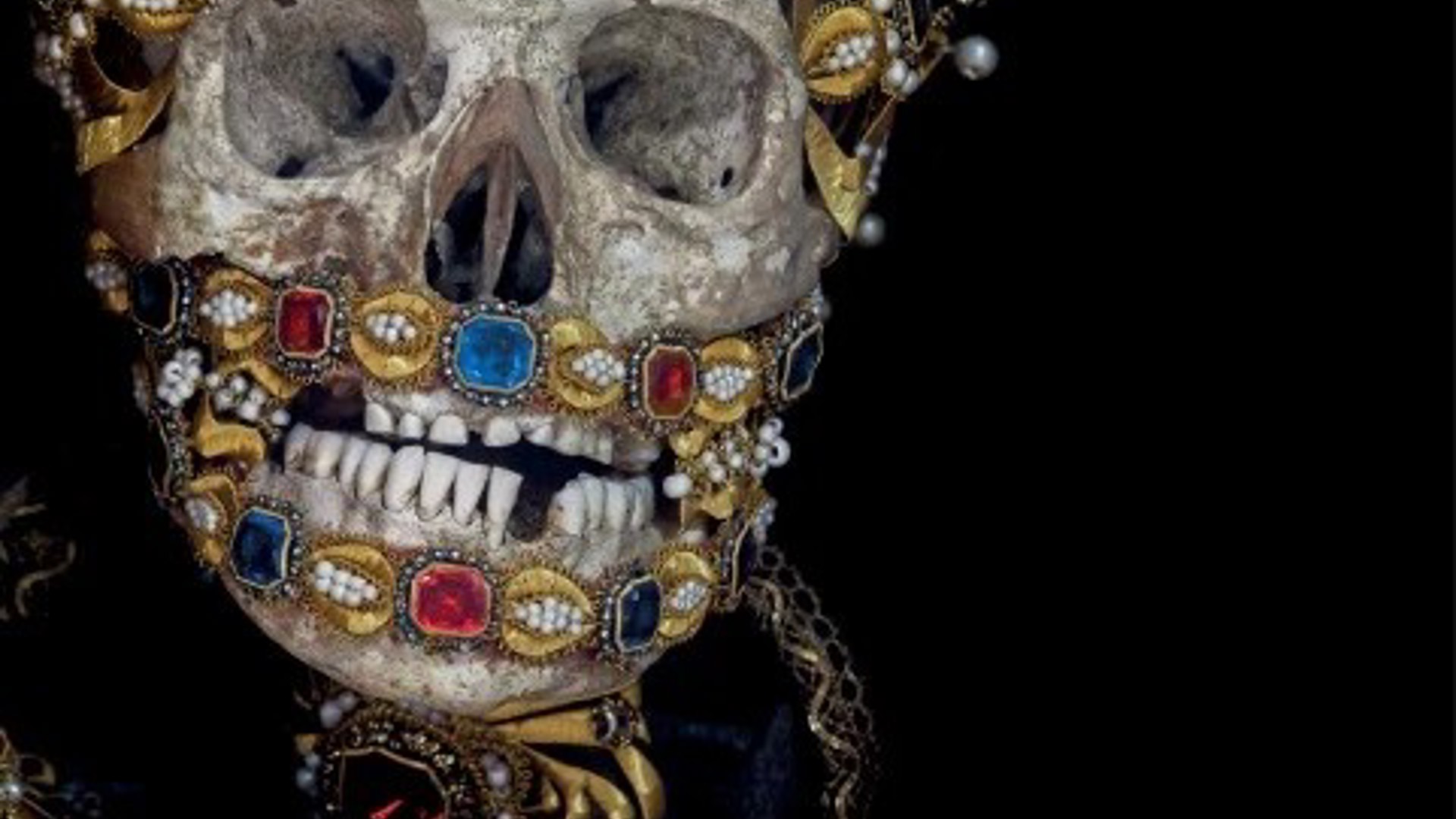 A skull covered in jewels for the promotion of the play Adler And Gibb