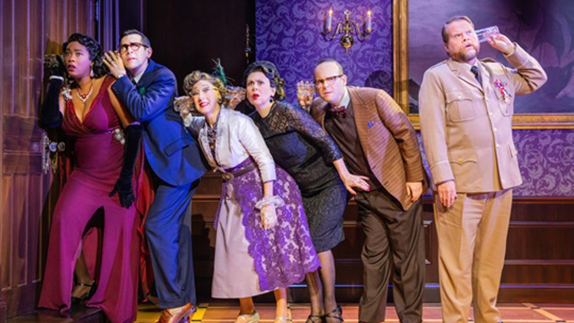 the cast of Clue on stage at the Ahmanson Theatre