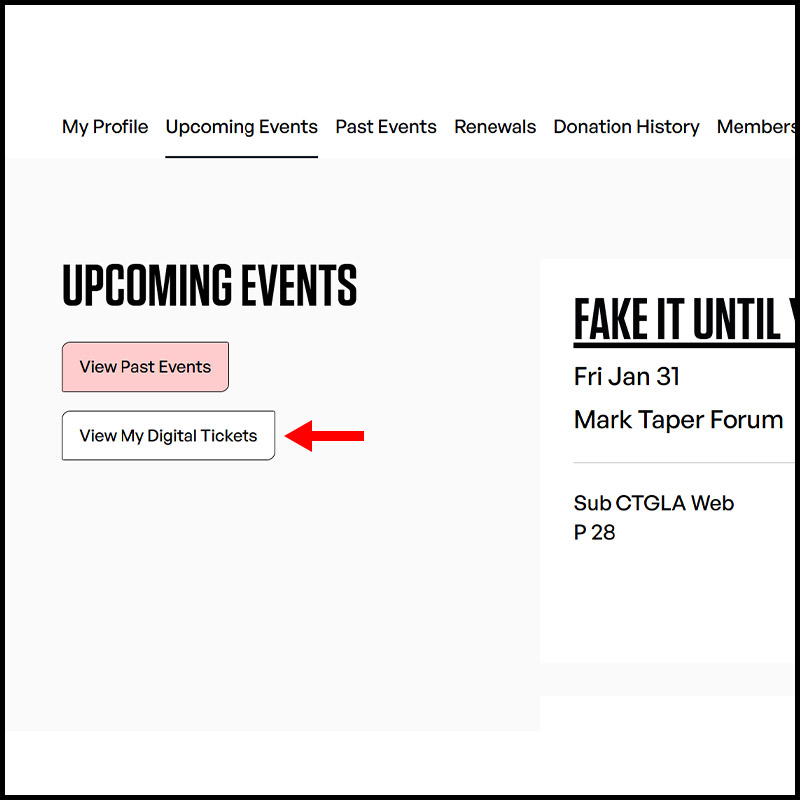 Under Upcoming Events a red arrow points to a button labeled "View My Digital Tickets".