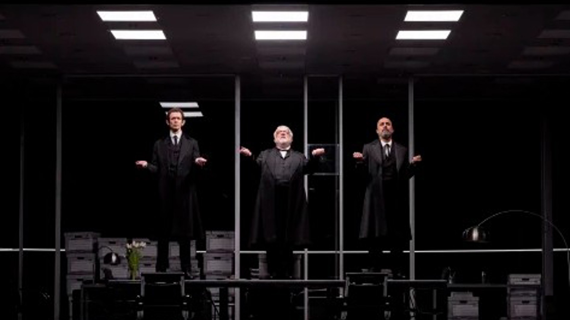 Adam Godley and Howard W. Overshown and Simon Russell Beale performing in The Lehman Trilogy