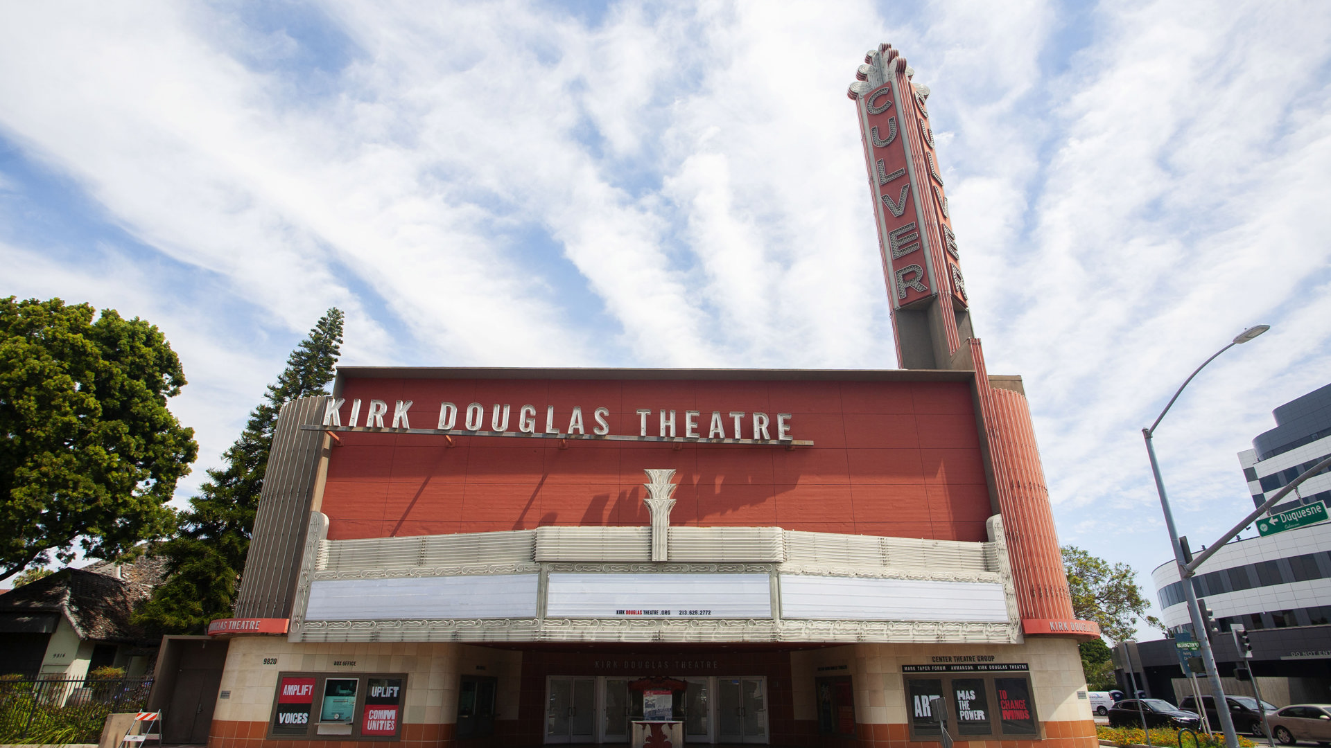 A front view of the Kirk Douglas Theatre midday.