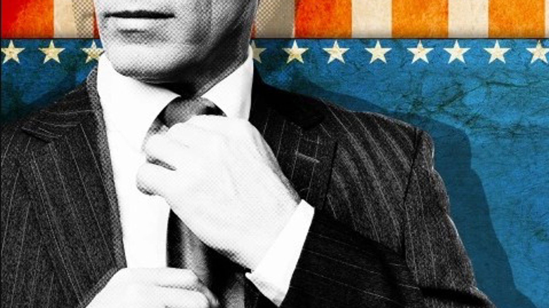 man fixing his tie in front of a flag for drama theatre Los Angeles