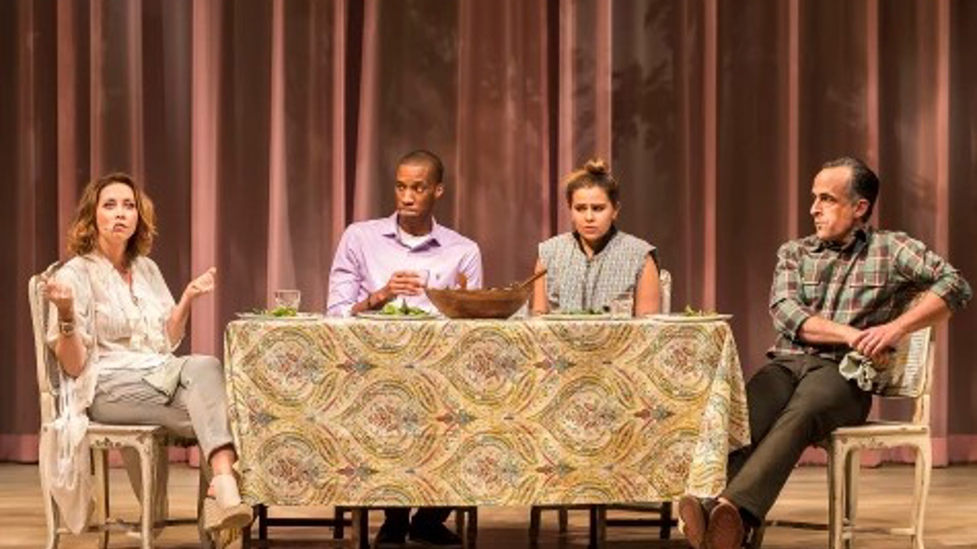 the cast of The Mystery Of Love And Sex sitting around a dining table at the Mark Taper Forum