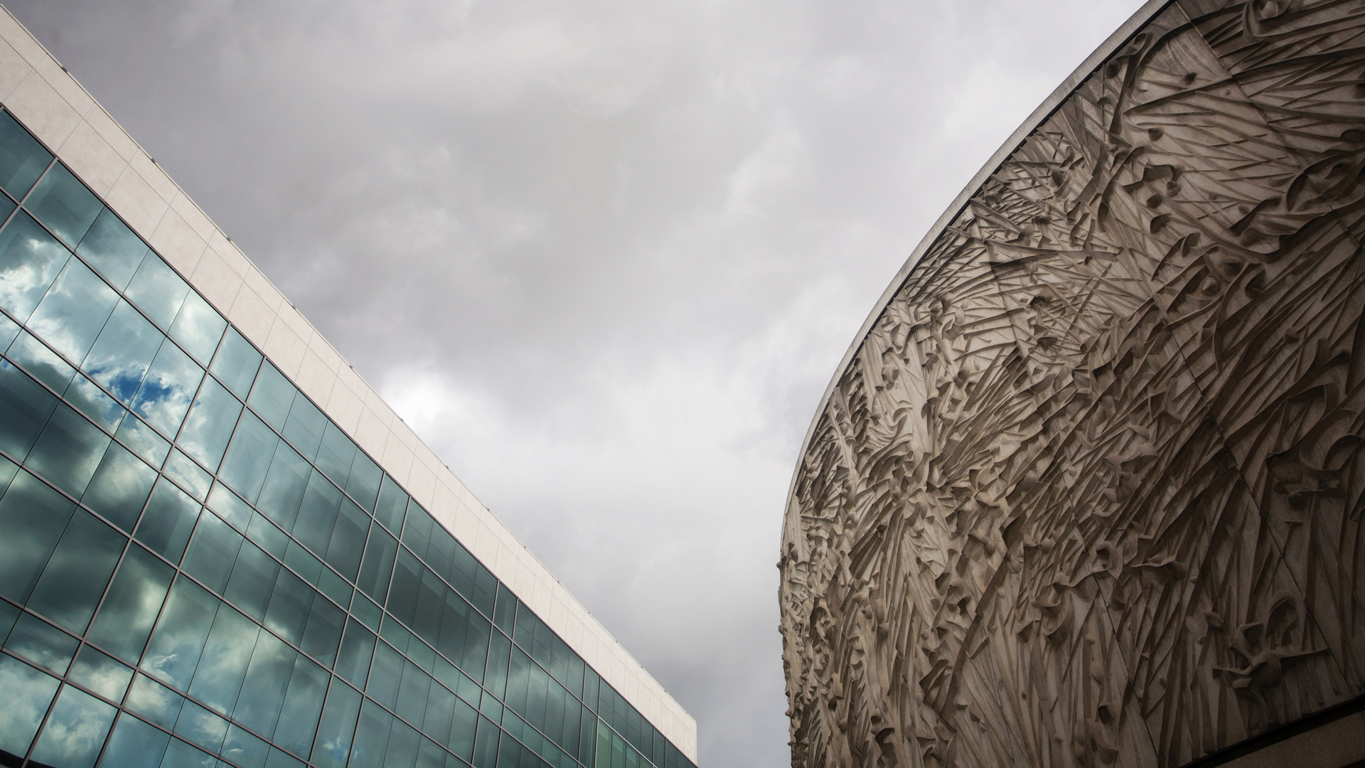 Exterior images of the Ahmanson Theatre and Mark Taper Forum on a dark cloudy day. 