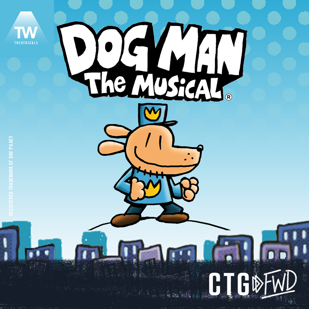 Promotional artwork for "Dog Man: The Musical," The title appears in large white lettering over animated city, Dog Man stands in the center dressed in a police uniform. 
