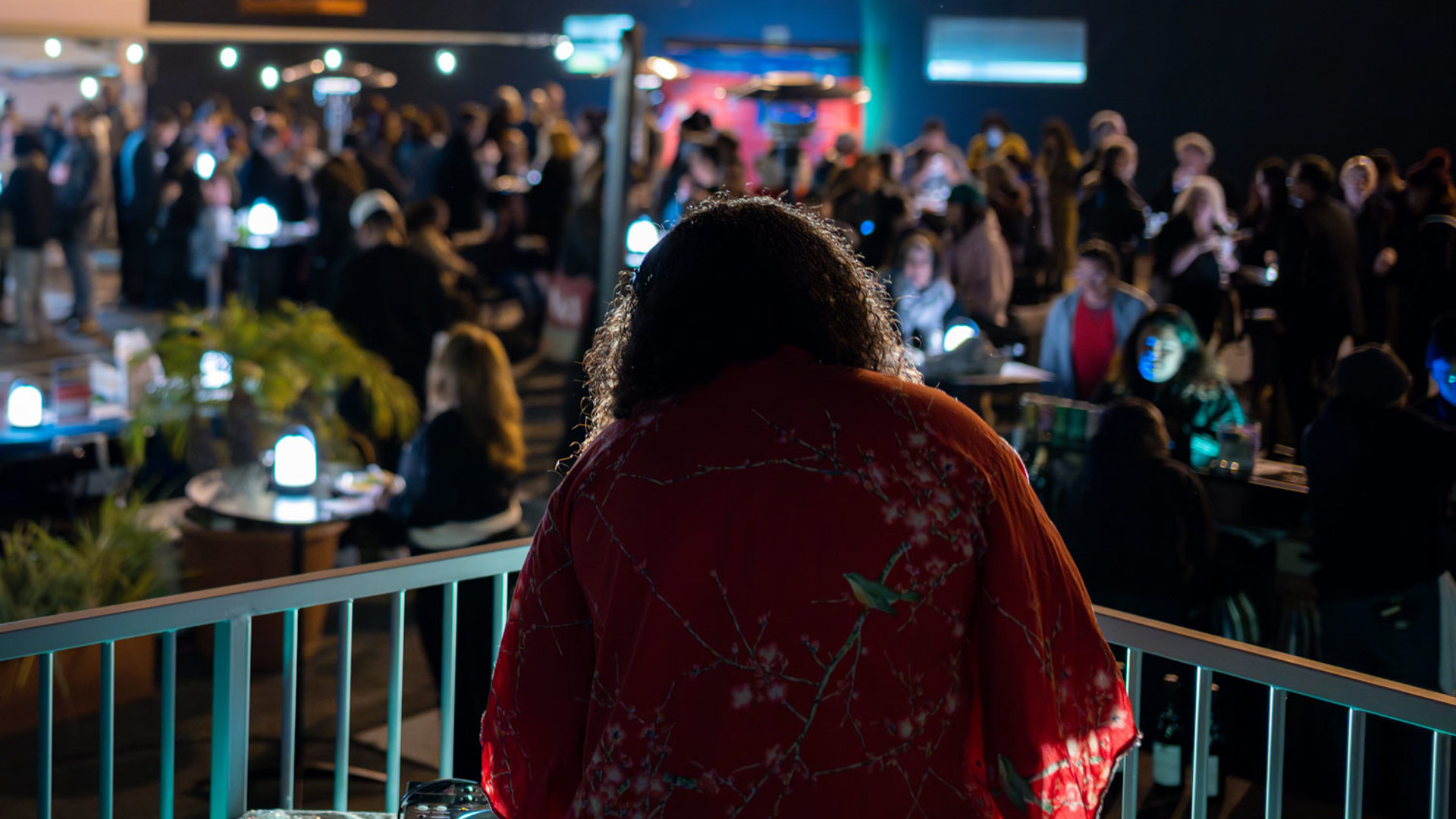 A dj plays music to a crowd. 