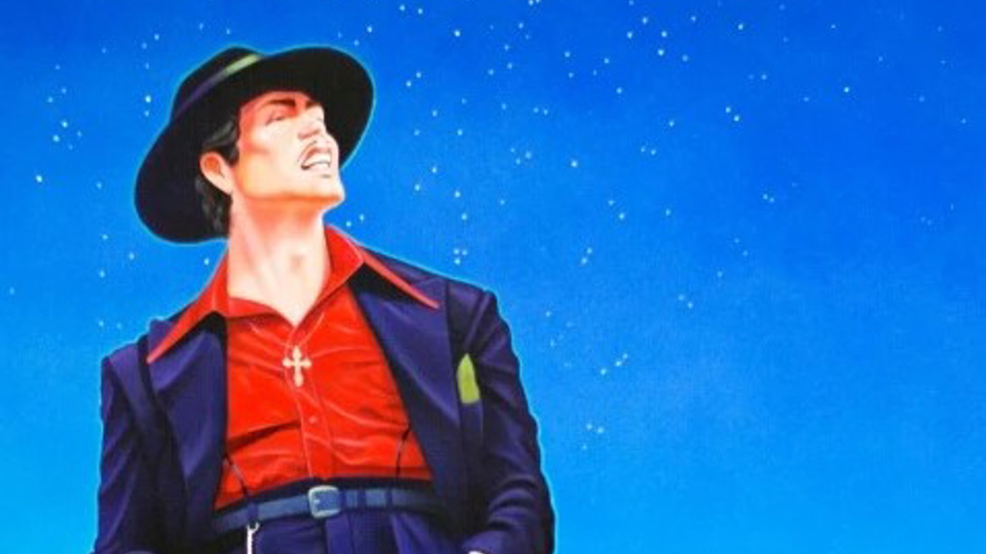 A man in a Zoot Suit in front of a night sky at Mark Taper Forum