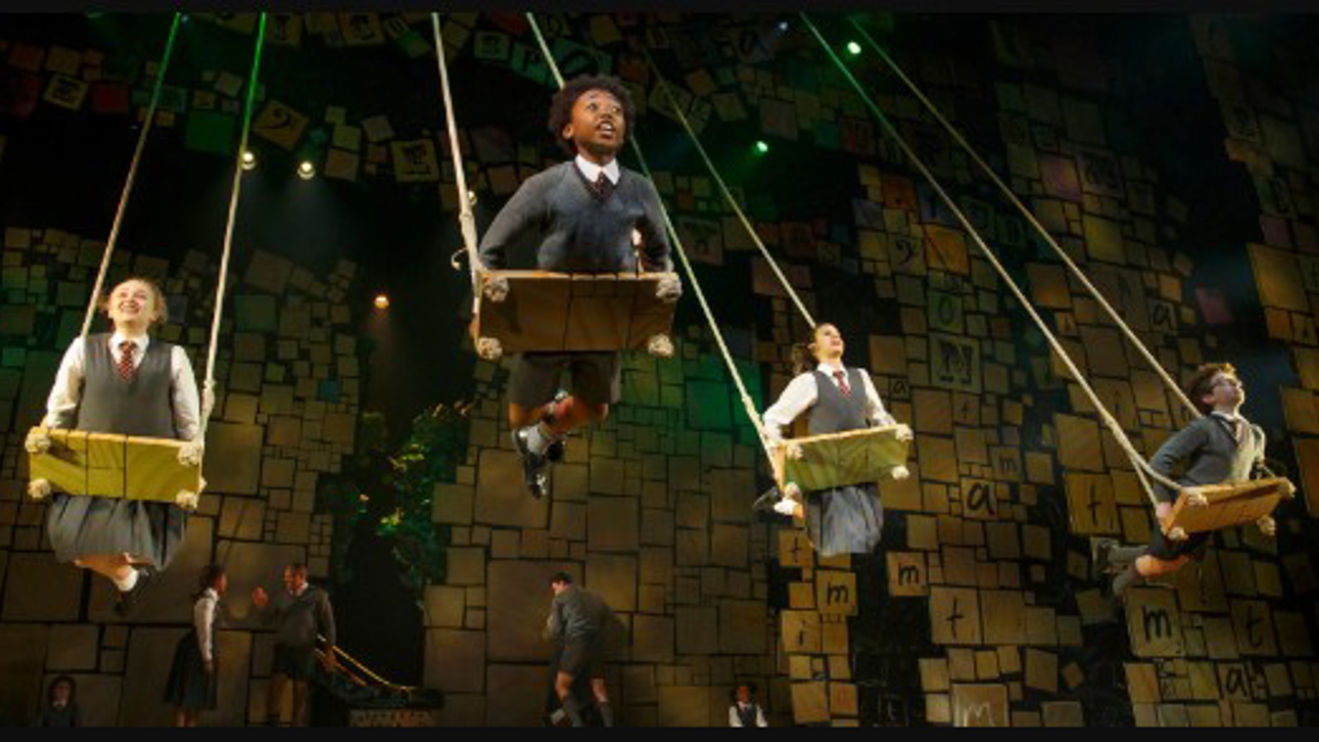 young actors performing on swings in Matilda the Musical at the Ahmanson