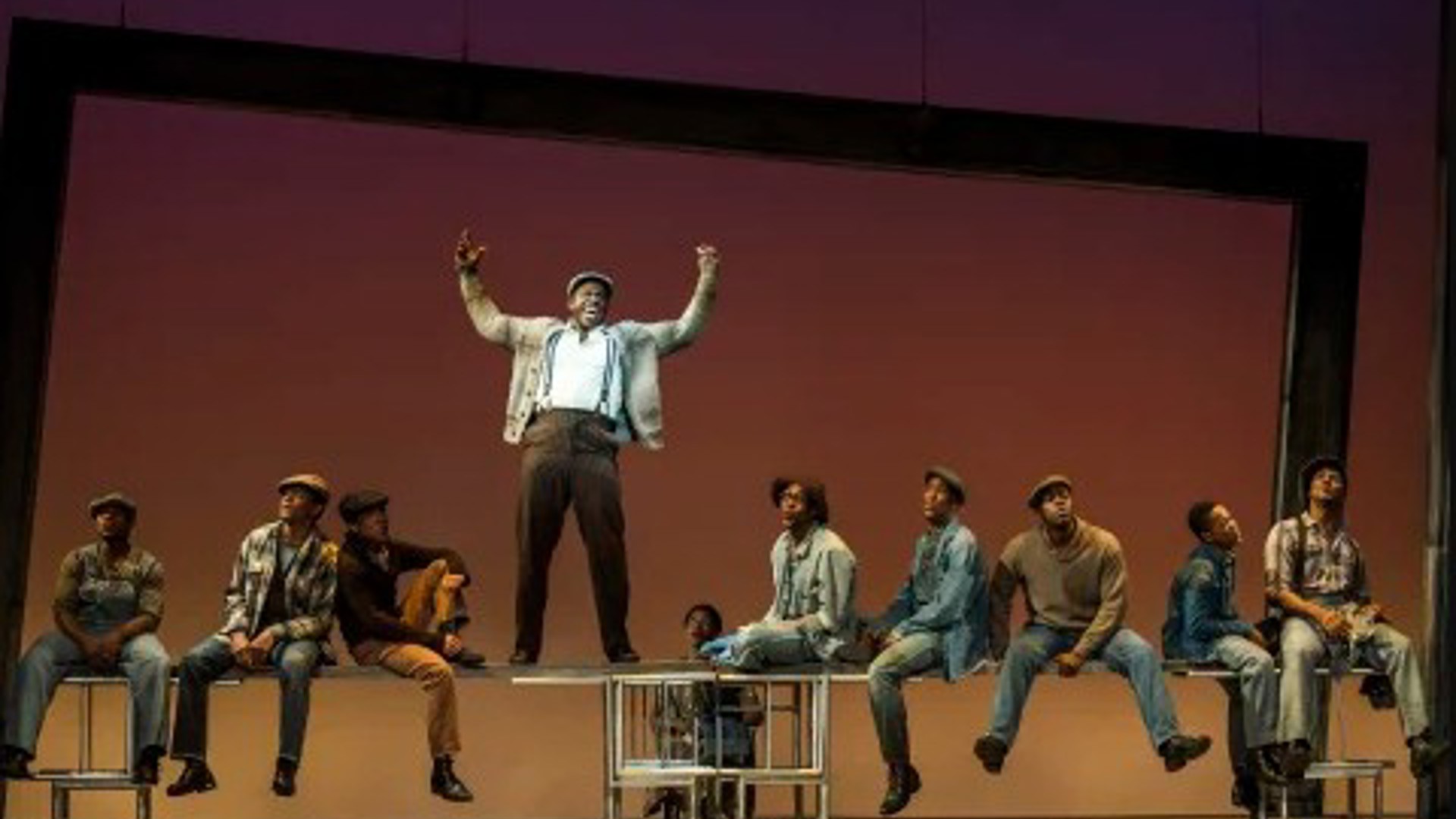 the cast of The Scottsboro Boys on stage performing at the Ahmanson Theatre