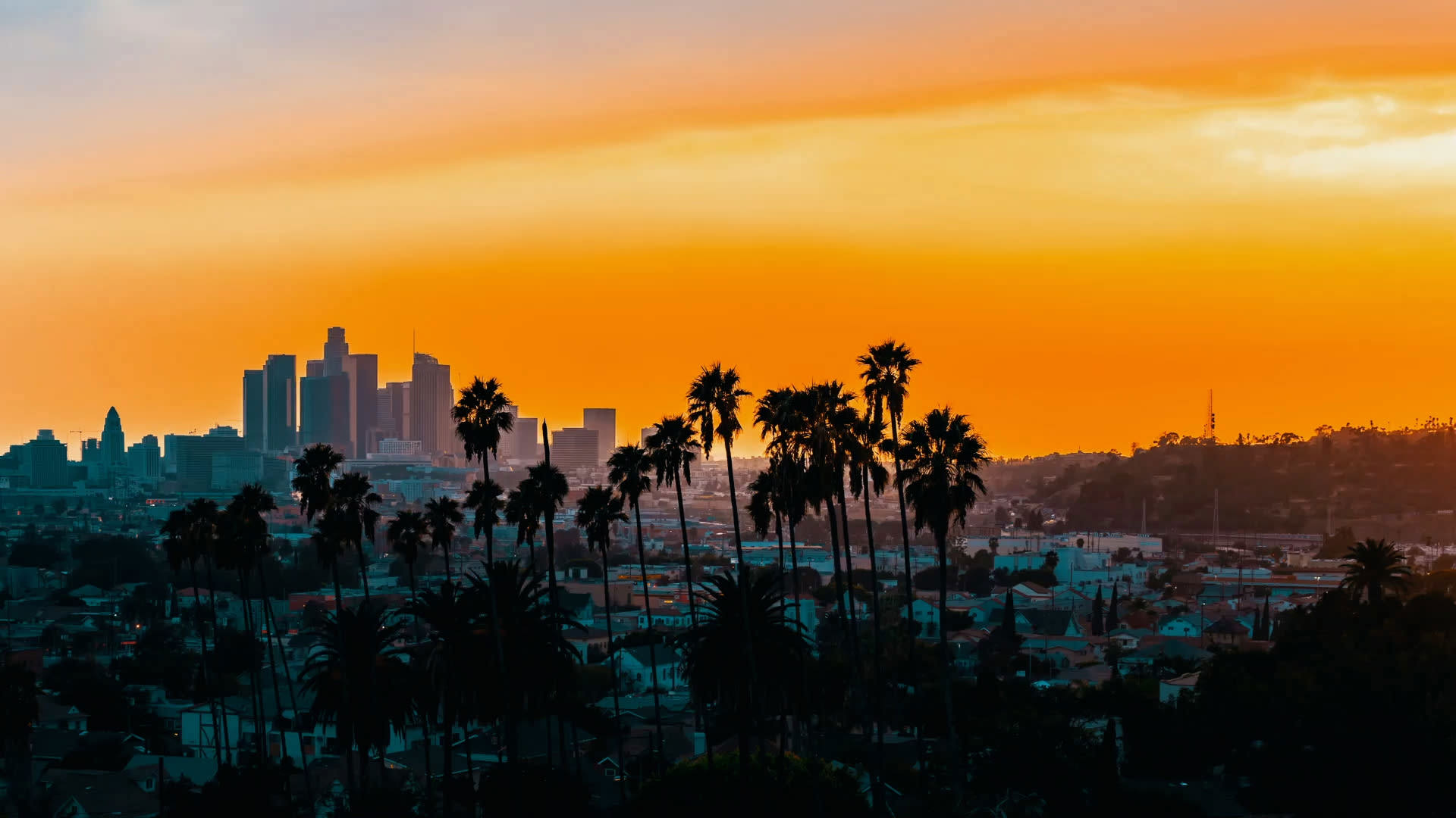 A twilight city scape of Downtown Los Angeles and neighboring communities. 