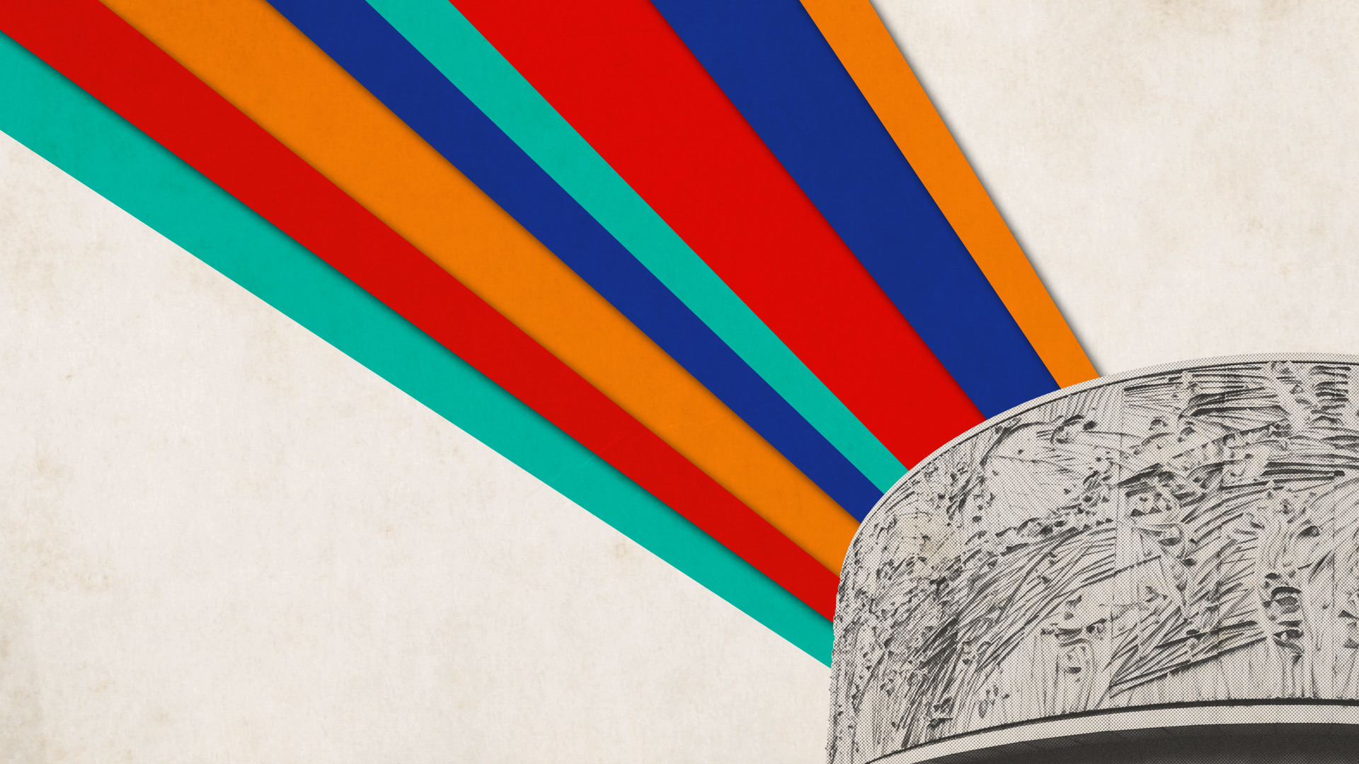 A collage rendering of the Mark Taper Forum on a sepia-toned background with colorful stripes radiating outward.