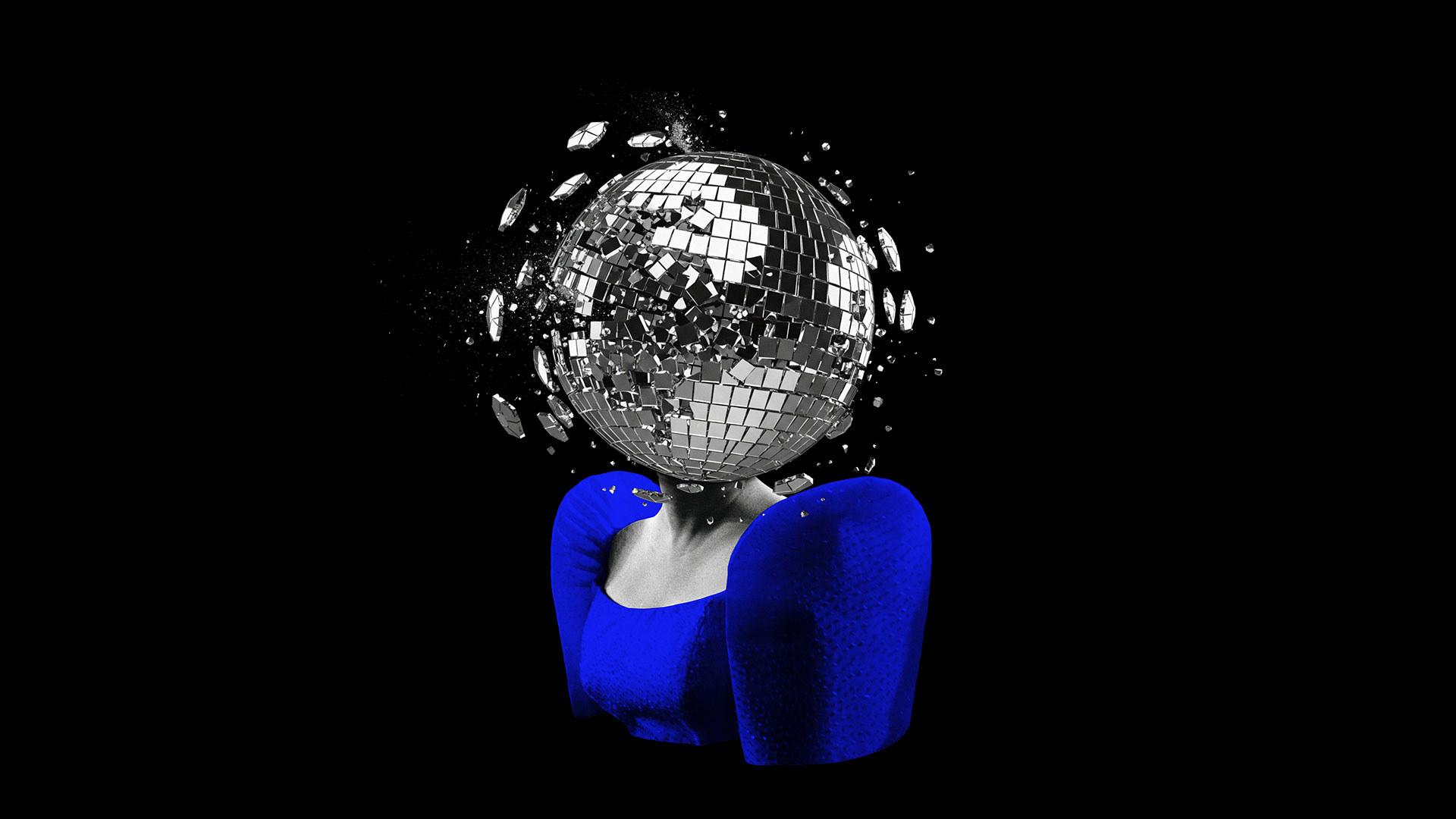 Here Lies Love, image of women with a shattering disco ball as a head. 
