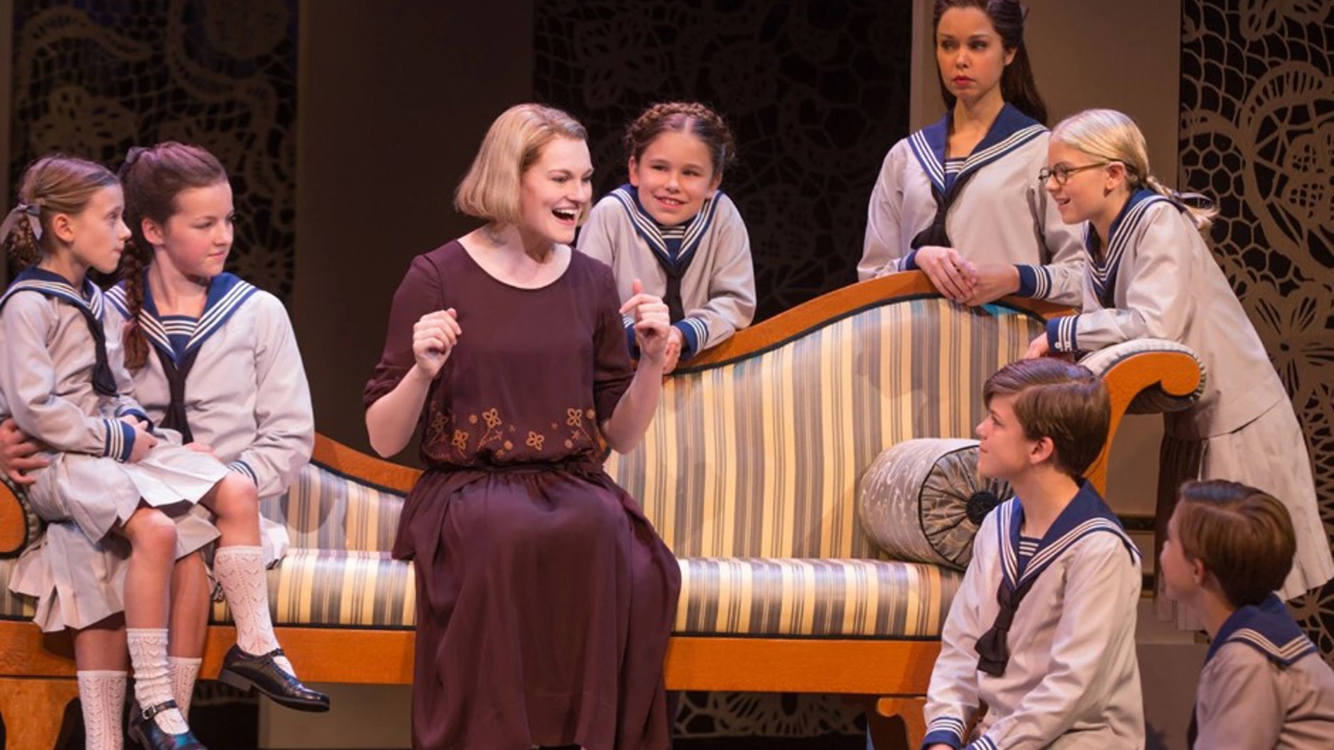 Maria and the Von Trapp family children in the Sound of Music Los Angeles Play