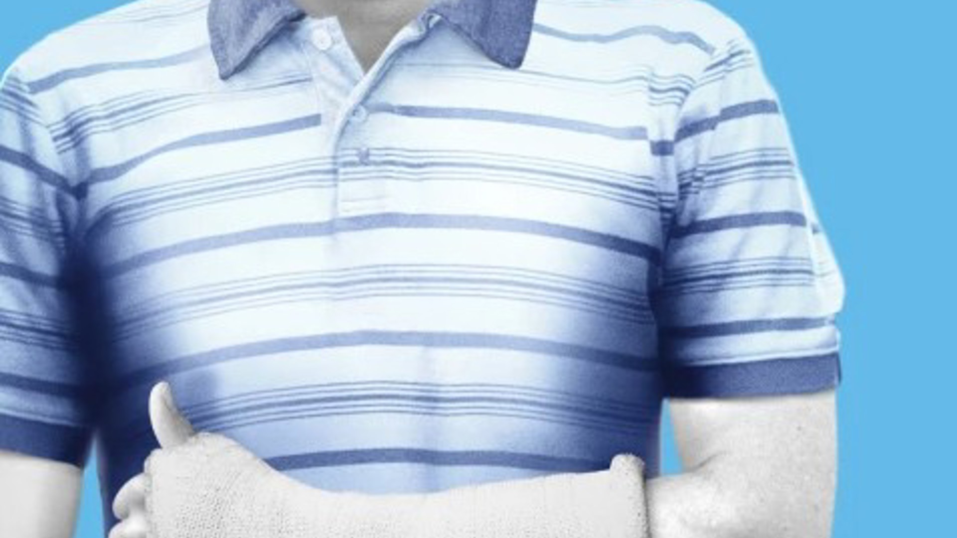 male torso with arm in a cast for Dear Evan Hansen a musical in Los Angeles