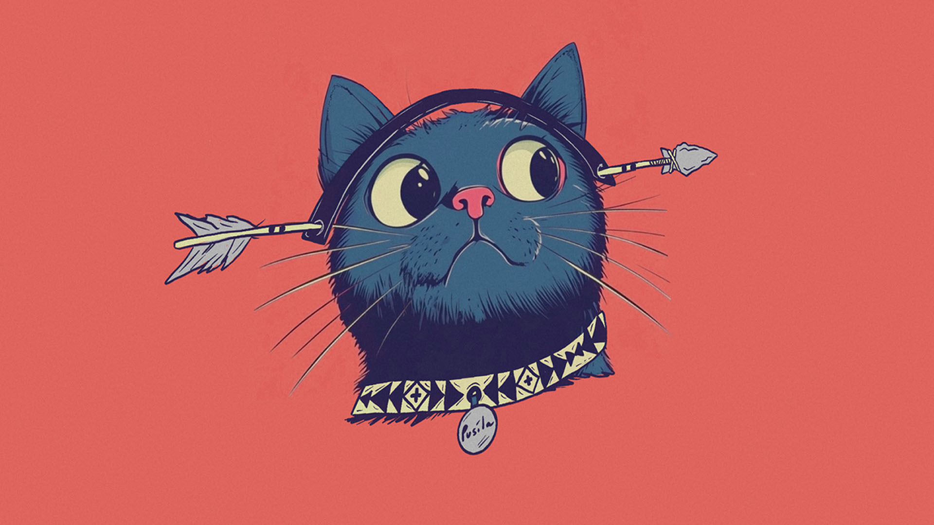 An animation of a gray cat with fake arrow through it's head.