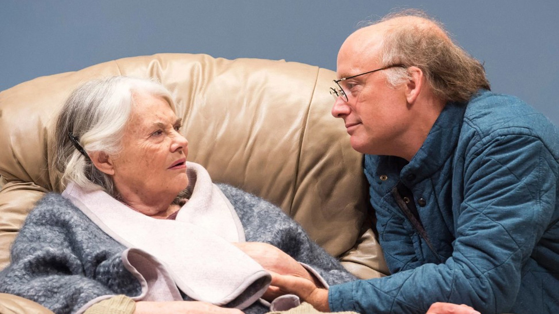 Lois Smith and Frank Wood looking at each other in a performance of Marjorie Prime